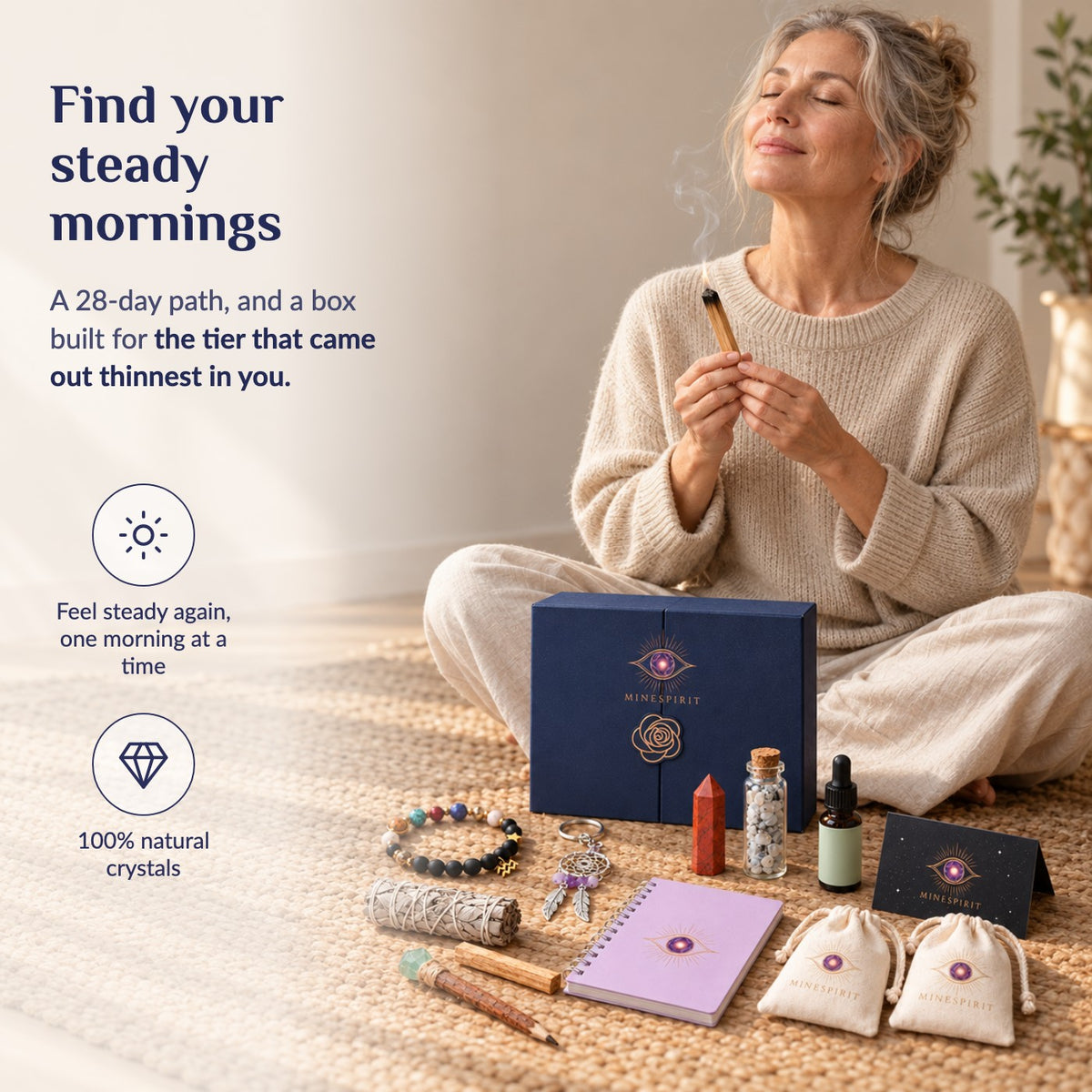 A woman sitting on a rug with palo santo and her Mine Spirit box