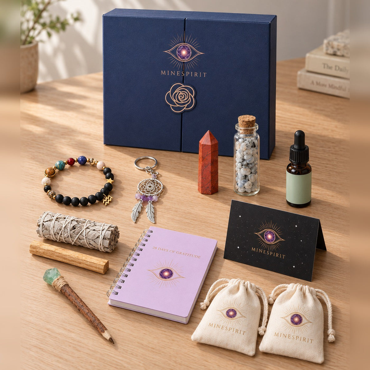 The Steady Mornings Box: navy two-door box with the pieces that come inside